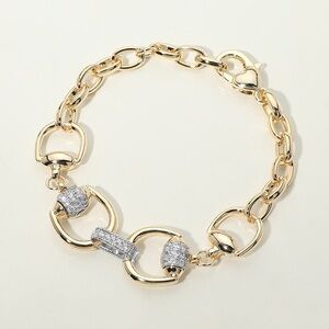 14K Gold Plated Two Tone CZ Pave Link Bar Horsebit Link Bracelet